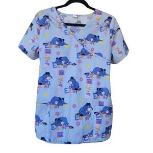 Disney Eeyore Scrub Top Blue Floral Women’s Size Small Tooniforms Pockets